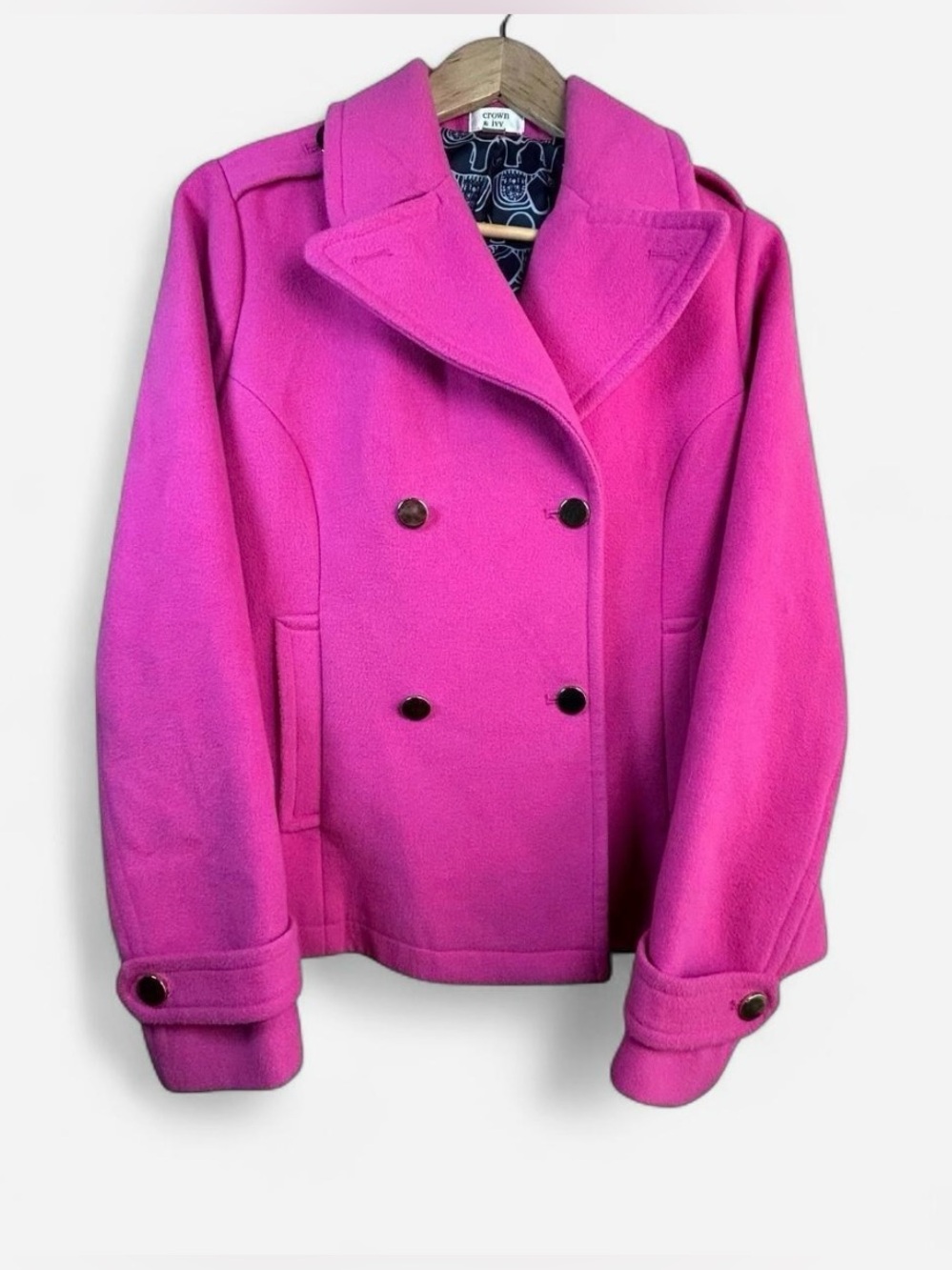 Crown & Ivy Hot Pink Double Breasted Women’s Peacoat Gold Buttons Size XS Preppy